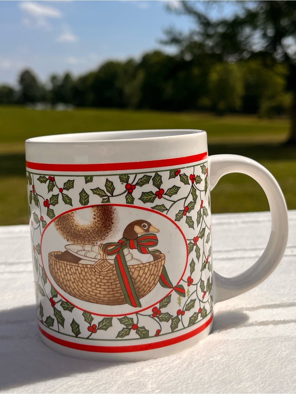 Holiday Holly Pattern Ceramic Mug with Festive Duck